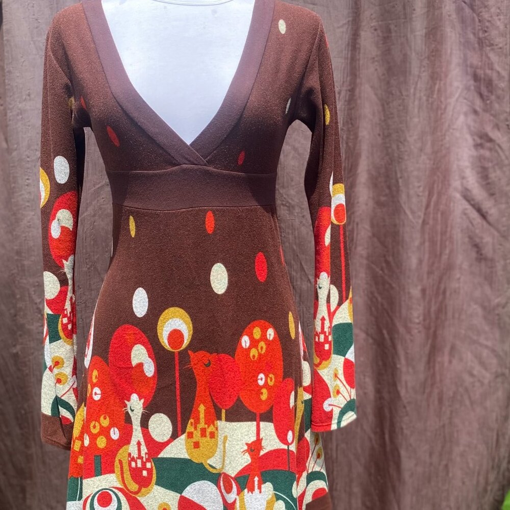 Vintage Trop Belle Pour Toi Montreal Feline Frock | Brown Cat Print Dress M